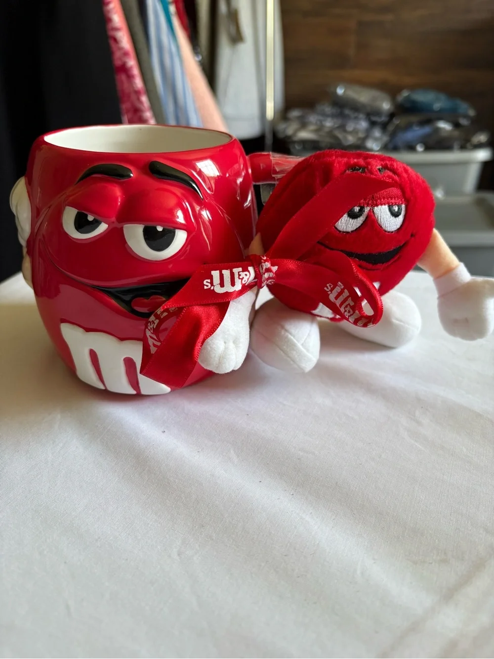 Vintage 2002 3D Red Character M&M Ceramic Mug with Red Plush & Branded Ribbon